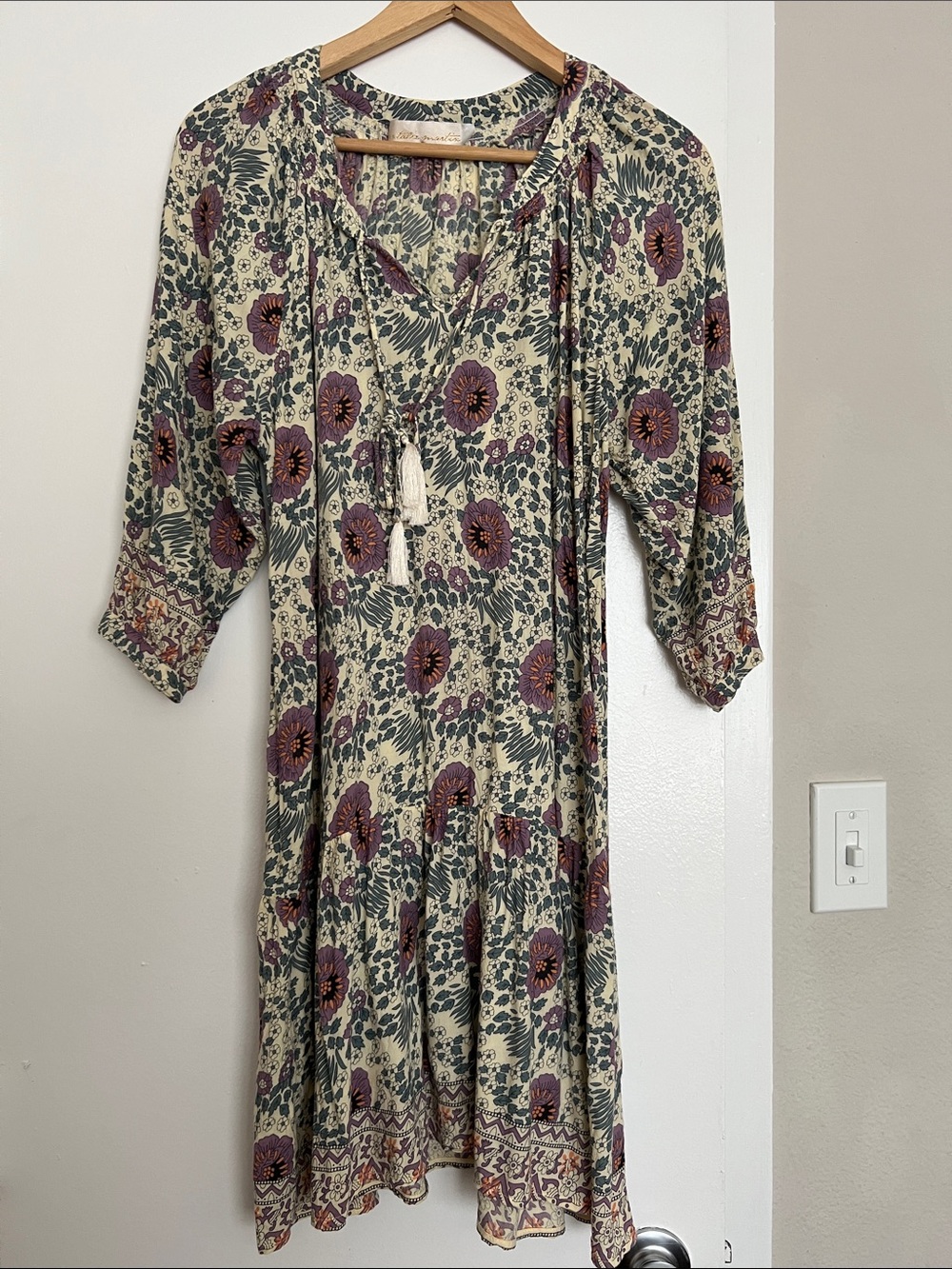 Natalie Martin Boho Floral Tie Neck Midi Dress Cream Purple Small